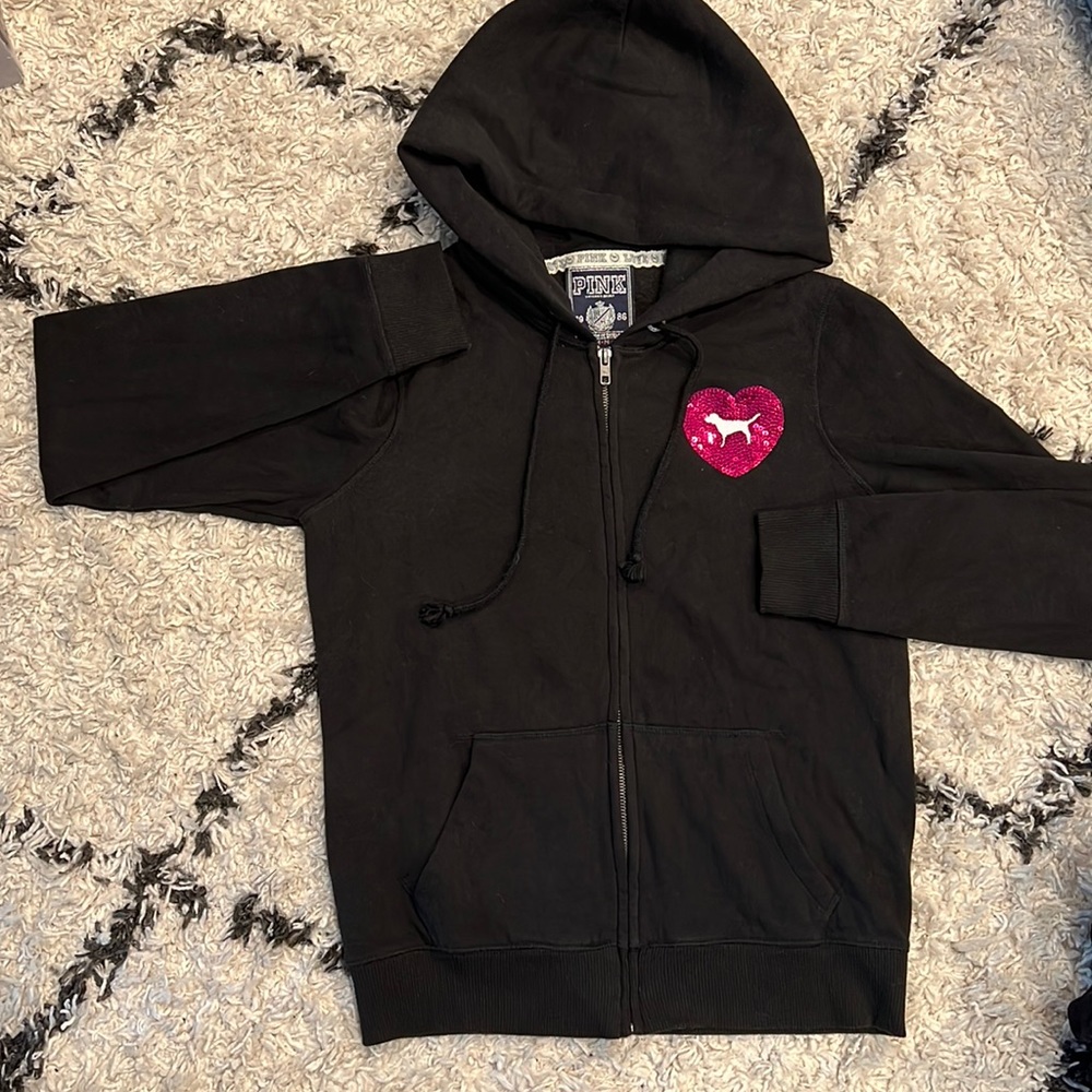 VS PINK black zip up hoodie with sequin detail